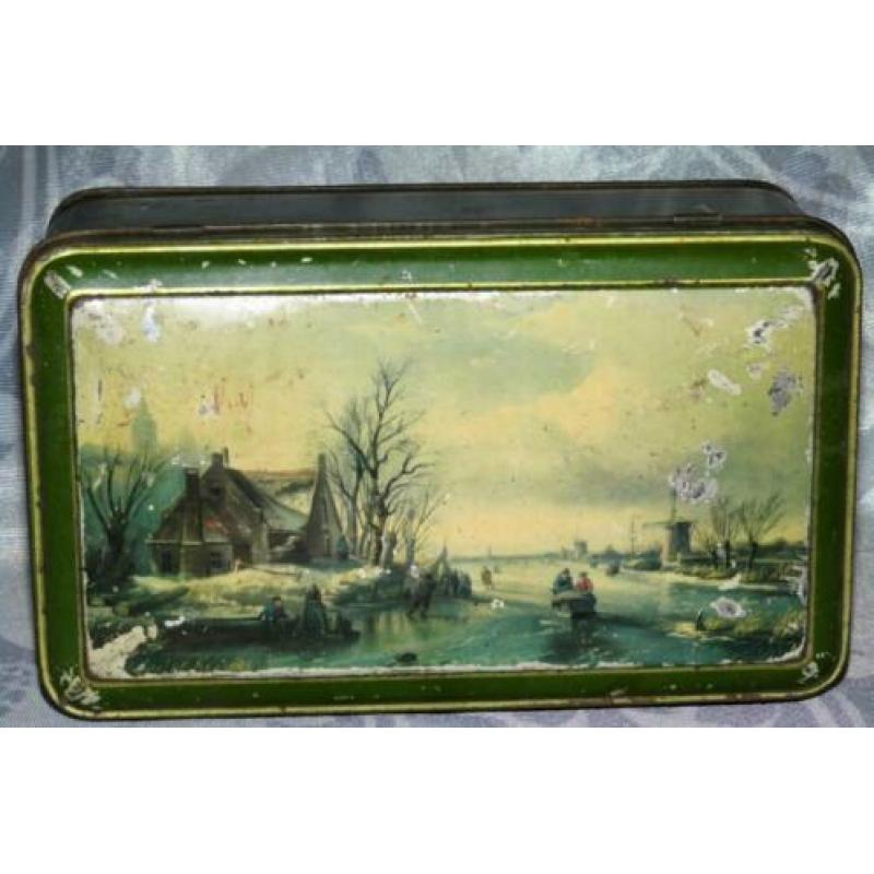 Brocante oud groen blik met Hollands winter landschap (613)