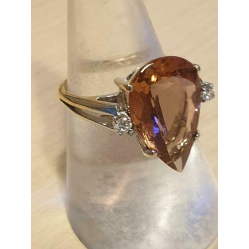 Prachtig Juweel 14kt gouden Ring met Diamant en Toermalijn.