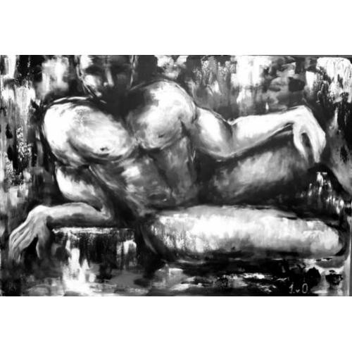 Uniek groot modern schilderij Mars, man naakt 70x100 nieuw