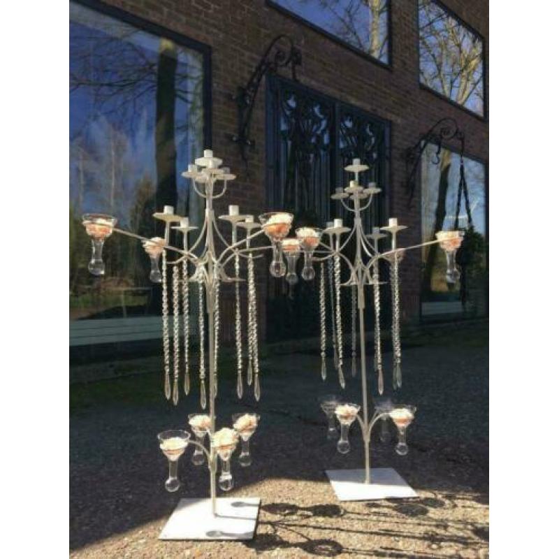 8 Grote kandelaars 112cmHx70B kristal,glas,smeedwerk