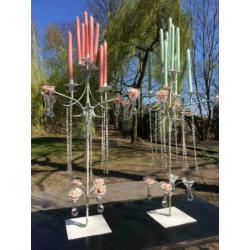 8 Grote kandelaars 112cmHx70B kristal,glas,smeedwerk