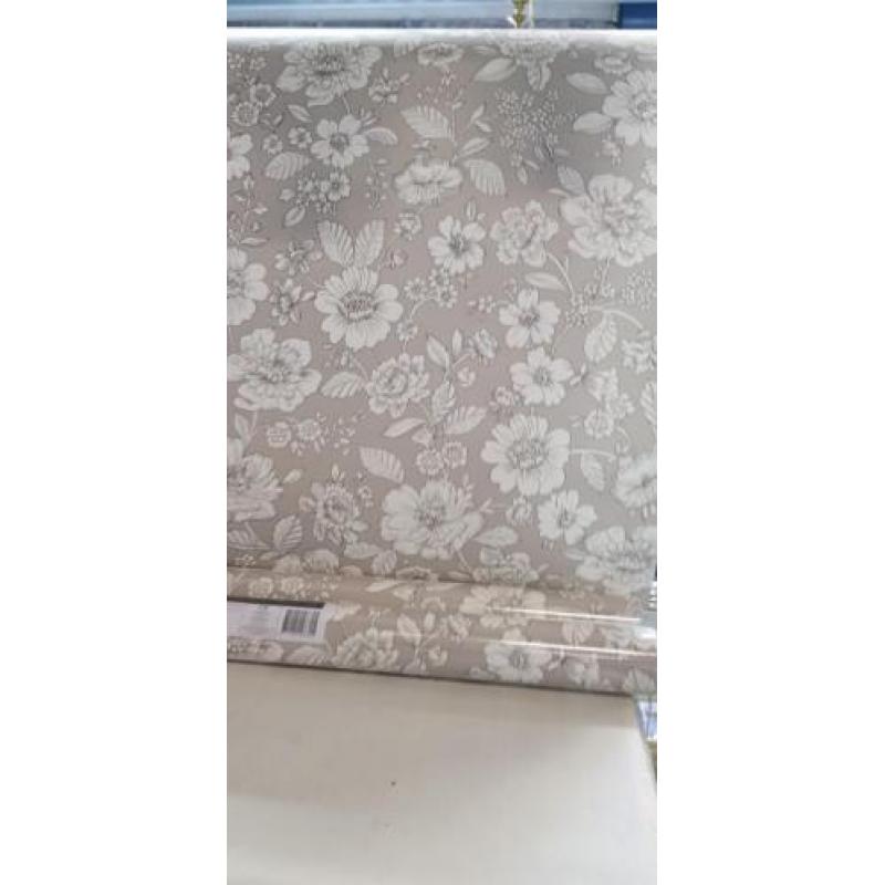 Behang taupe wit bloemen nieuw