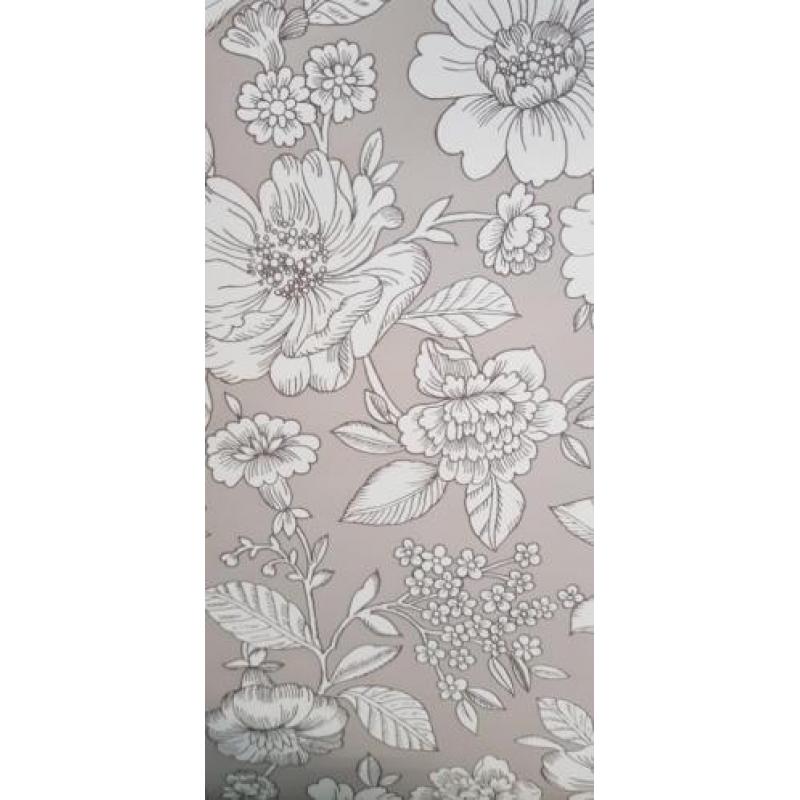 Behang taupe wit bloemen nieuw