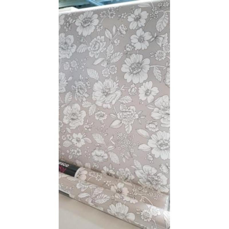 Behang taupe wit bloemen nieuw